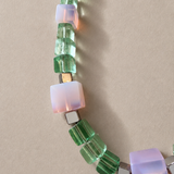 Handmade long green and pink natural stone necklace with silver clasp
