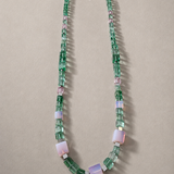 Handmade long green and pink natural stone necklace with silver clasp