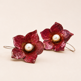Pendientes Garden Rojos Flores con Perla Negra